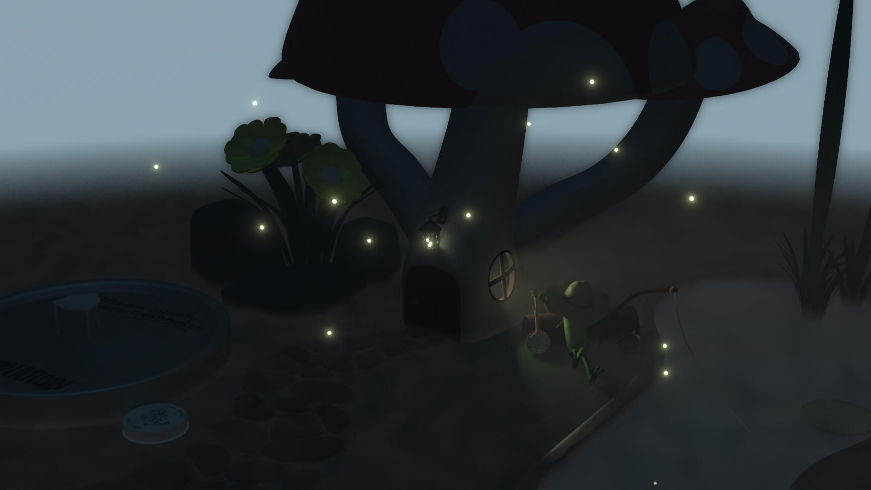 A stylized scene of a D&D character relaxing at his mushroom home