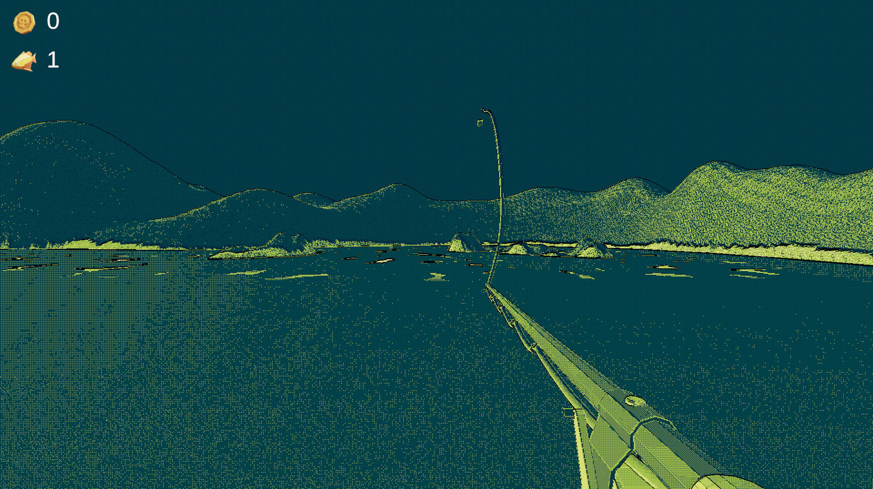A screenshot of the game Feeding FishHook showing the fishing rod casting animation
